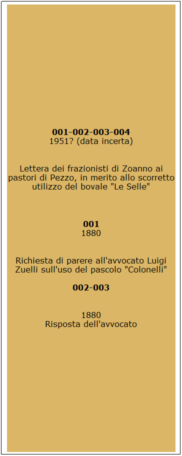 Casella di testo: 001-002-003-004
1951? (data incerta)

Lettera dei frazionisti di Zoanno ai pastori di Pezzo, in merito allo scorretto utilizzo del bovale "Le Selle"
 
001
1880

Richiesta di parere all'avvocato Luigi Zuelli sull'uso del pascolo "Colonelli"

002-003

1880
Risposta dell'avvocato
